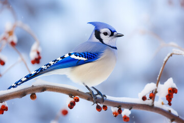 Blue Jay Bird In Winter On A Tree Branch. Snow Blurred Background. Ai Generated
