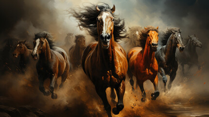Horses herd run in desert sand storm against dramatic sky. - obrazy, fototapety, plakaty