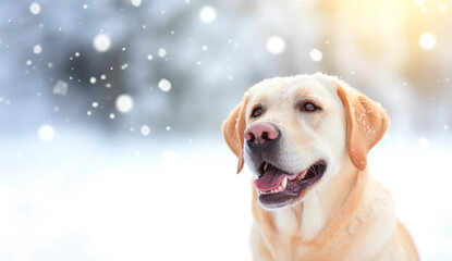 Labrador Dog In The Winter Snow With Copy Space For Text. Soft Blurred Background. Ai Generated
