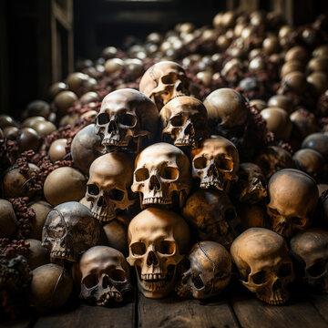 Skulls and bones covered in dust. lot of creepy human remains in dark. Abstract dark background symbolizing death, evil.