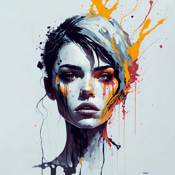 Portrait of a beautiful woman with creative make-up and dripping paint.