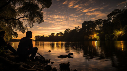 A tranquil riverside campsite, where a fisherman has set up his gear, promising a night of starry skies and hopeful casts