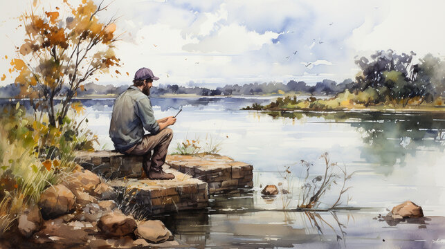 A peaceful river scene, with a patient fisherman sitting on a weathered bench, his line cast into the water's embrace