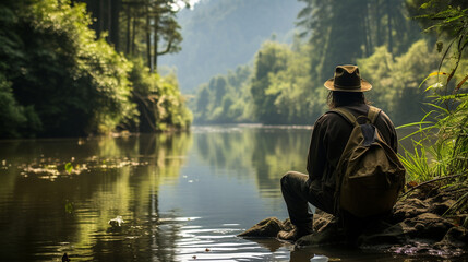 A contemplative moment: A fisherman watches the river's flow, lost in thought while surrounded by nature's beauty
