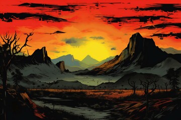 Landscape with mountains, trees and sunset,  Digital art painting