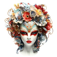 Beautiful female carnival mask with flowers,  Isolated on white background