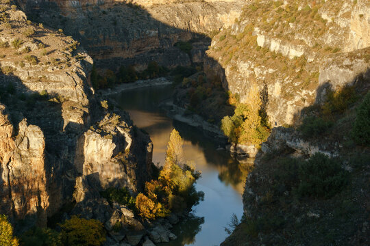 View into the canyon of River Duraton during autumn time in Hoces del Duraton natural park near Sepulveda, Segovia, Spain