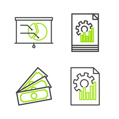 Set line Document with graph chart, Stacks paper money cash, and Board icon. Vector