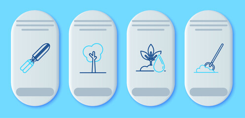Set line Tree, Watering plant, Gardening handmade scissors for trimming and Shovel the ground icon. Vector