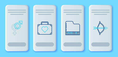 Set line Suitcase for travel with heart, Grand piano, Gender and Bow arrow icon. Vector