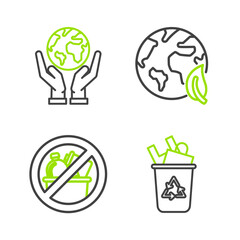 Set line Recycle bin with recycle symbol, No trash, Earth globe and leaf and Human hands holding icon. Vector