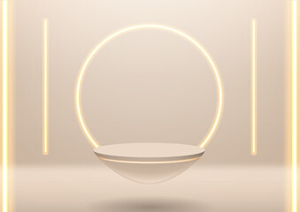 a circular platforms float on  bright pale golden background. Modern product display backgrounds to promote your luxury products. 
