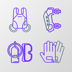 Set line Gloves, Diving mask and aqualung, Knee pads and Parachute icon. Vector