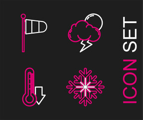 Set line Snowflake, Thermometer, Storm and Cone meteorology windsock wind vane icon. Vector