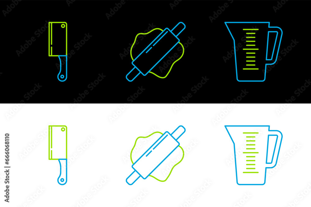 Sticker Set line Measuring cup, Meat chopper and Rolling pin icon. Vector