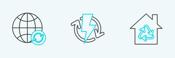 Set line Eco House with recycling symbol, Planet earth and a and Recharging icon. Vector