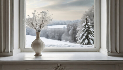 Slender vase embellishes a tall window with a white frame, positioned atop a wooden table painted in white. In the background, there's a framed image depicting a snowy landscape