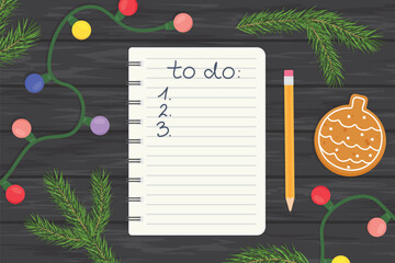spiral notebook with christmas to do list; christmas planning -vector illustration