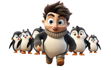 Delighted Boy Marching with A Beautiful Penguins 3D Character Isolated on Transparent Background PNG.