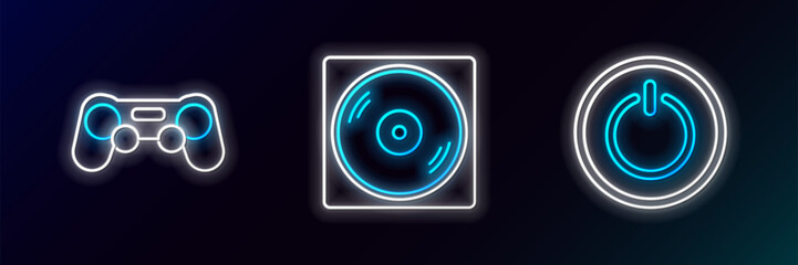 Set line Power button, Gamepad and Vinyl disk icon. Glowing neon. Vector © Oksana