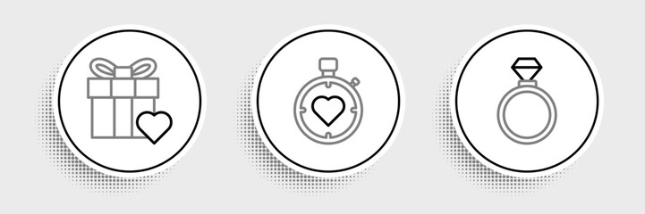 Set line Wedding rings, Gift box and heart and Heart the center stopwatch icon. Vector