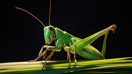  a close up of a grasshopper on a leaf with a black background.  generative ai