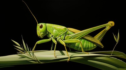  a close up of a grasshopper on a leaf with a black background.  generative ai