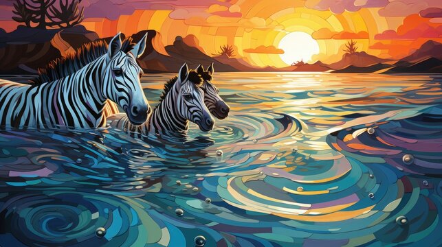  a painting of two zebras wading in a body of water.  generative ai