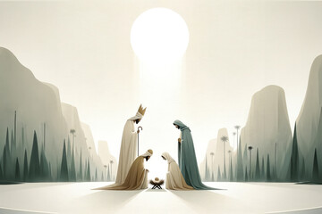 Nativity scene with three wise men. 