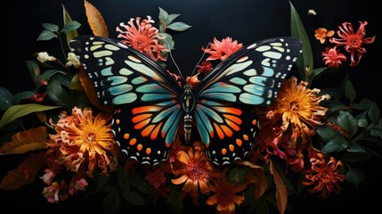  a colorful butterfly sitting on top of a bunch of flowers.  generative ai