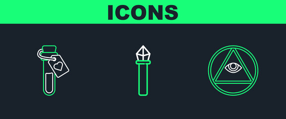 Set line Masons, Bottle with love potion and Magic staff icon. Vector