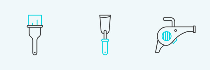 Set line Leaf garden blower, Paint brush and Putty knife icon. Vector