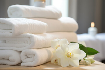 Fototapeta na wymiar White towels in the spa salon