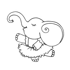 Line sketch, coloring of a cute baby elephant ballerina.Vector graphics.
