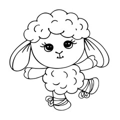 Line sketch, coloring of a cute sheep ballerina.Vector graphics.