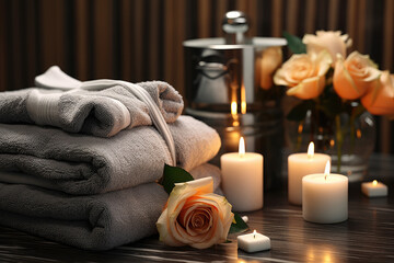 Fototapeta na wymiar Black towels with jars of cream and candles in the interior of a dark spa salon