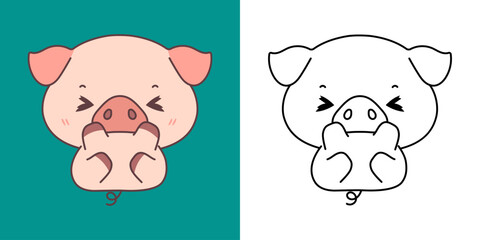 Set Vector Baby Piggy Multicolored and Black and White. Kawaii Clip Art Baby Animal. Cute Vector Illustration of a Kawaii Farm Animal for Stickers, Baby Shower, Coloring Pages