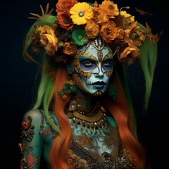 Sugar skull woman with wreath of flowers,  Day of The Dead,  Halloween