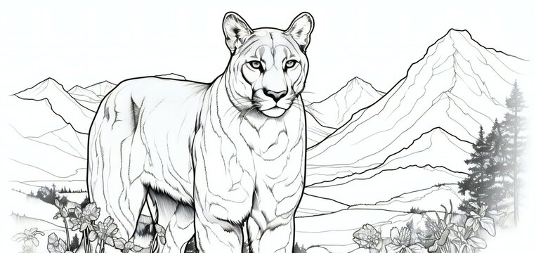 Black and white sketch of a panther in the mountains,