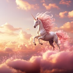 Obraz na płótnie Canvas Lovely unicorn jumping on the pink clouds, pink effects around