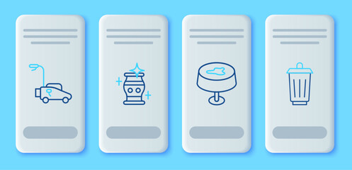 Set line Clean vase, Stain on the tablecloth, Lawn mower and Trash can icon. Vector