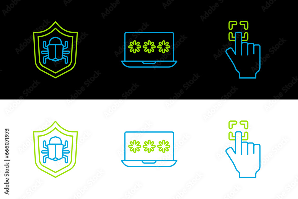 Sticker set line fingerprint, system bug and laptop with password icon. vector