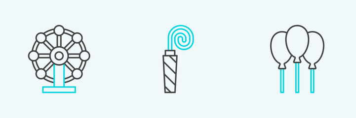 Set line Balloons with ribbon, Ferris wheel and Birthday party horn icon. Vector