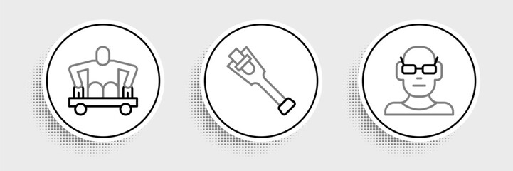 Set line Poor eyesight, Man without legs sitting wheelchair and Prosthesis icon. Vector