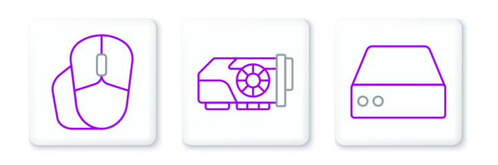 Set line Server, Data, Web Hosting, Computer mouse and Video graphic card icon. Vector