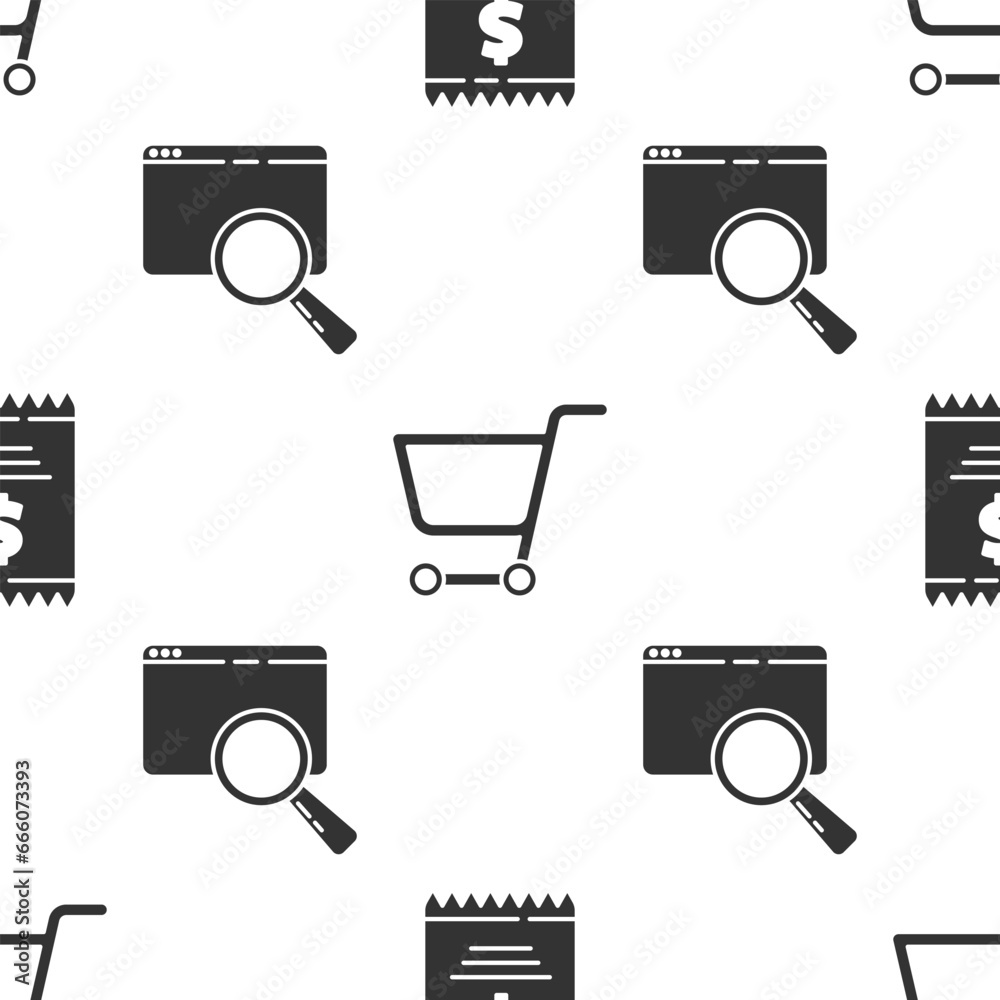 Poster set paper check and financial check, shopping cart and search in a browser window on seamless patter