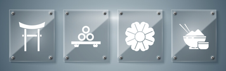 Set Rice in a bowl with chopstick, Flower, Sushi on cutting board and Japan Gate. Square glass panels. Vector