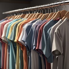 Obraz premium Row of fashionable polo t-shirts for man on wooden hanger or rack in a clothing
