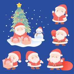 Obraz na płótnie Canvas Set of cartoon Christmas and New Year illustrations, happy Santa Claus character with gift, bag, presents, tree, Snow Man, cute Flat Vector
