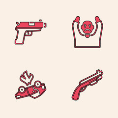 Set Police shotgun, Pistol or, Thief surrendering hands up and Burning car icon. Vector